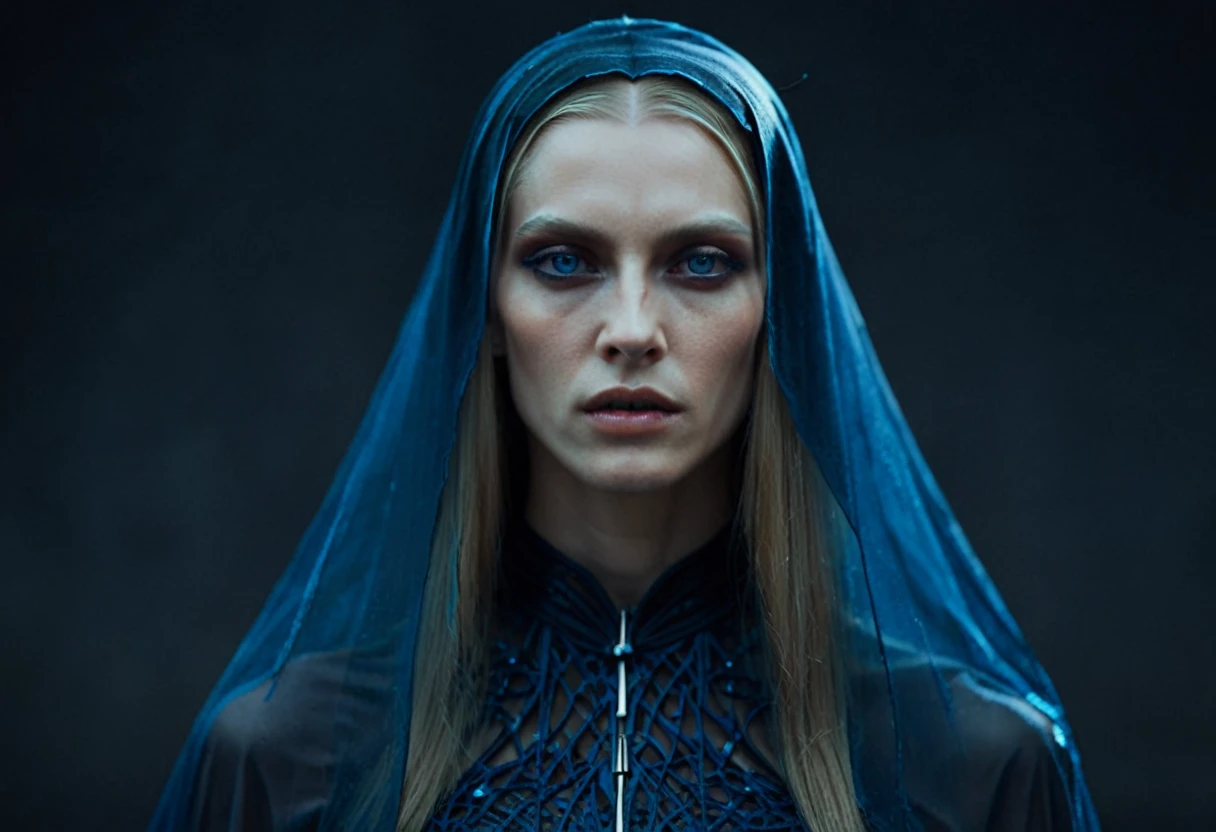 Fashionable of androgynous alien looking witch wearing veil, glowing eyes, beautiful evil slavic muscular woman, pale skin, long dark blond hair, futuristic design, minimal details, givenchy, photoreal, 200mm, hd, f/ 2.0, highly detailed, surreal , drop dead, in the style of red and blue, (intricate details, hyperdetailed:1.15) (skin texture:1.2), cinematic, professional, 4k, dynamic model pose, sitting, full body