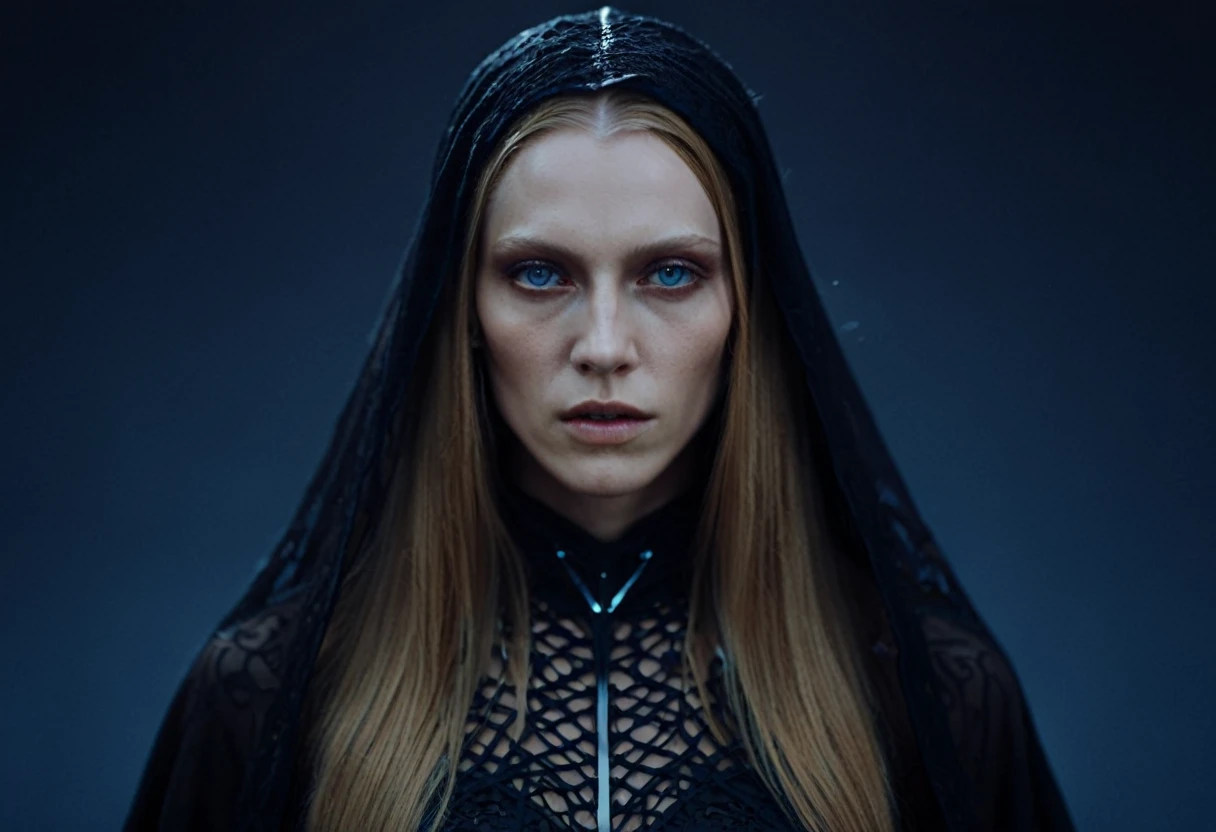 Fashionable of androgynous alien looking witch wearing veil, glowing eyes, beautiful evil slavic muscular woman, pale skin, long dark blond hair, futuristic design, minimal details, givenchy, photoreal, 200mm, hd, f/ 2.0, highly detailed, surreal , drop dead, in the style of red and blue, (intricate details, hyperdetailed:1.15) (skin texture:1.2), cinematic, professional, 4k, dynamic model pose, sitting, full body