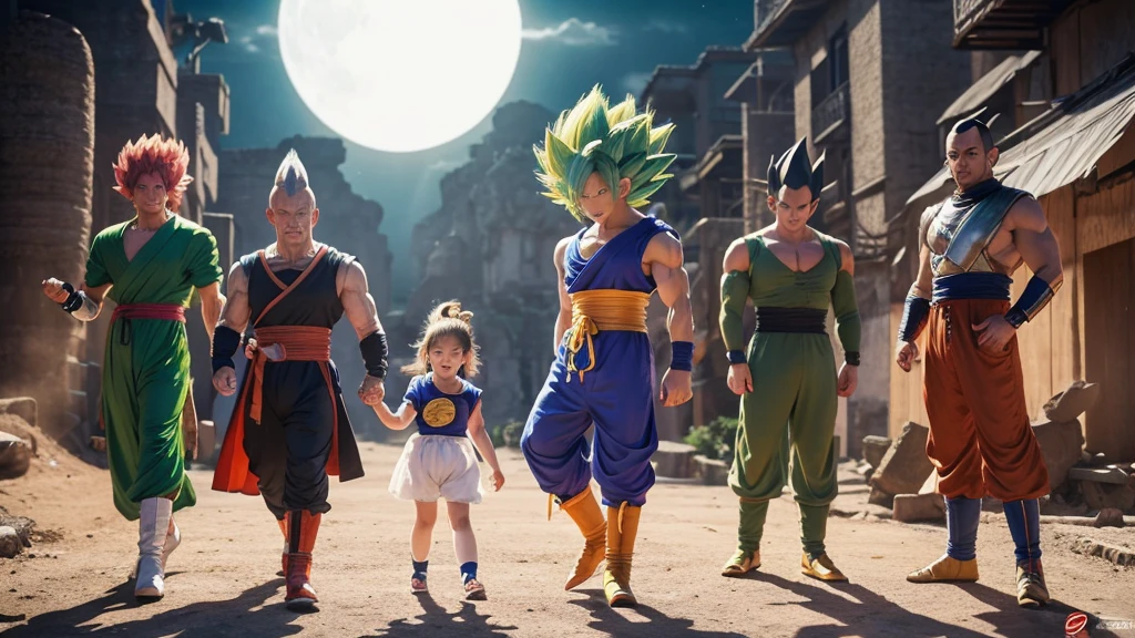 Please make some characters from the manga Dragon Ball into a live-action movie.、high quality、high resolution、4K、Please draw with attention to detail、Sun Wukong、Bloomers、Vegeta、Piccolo