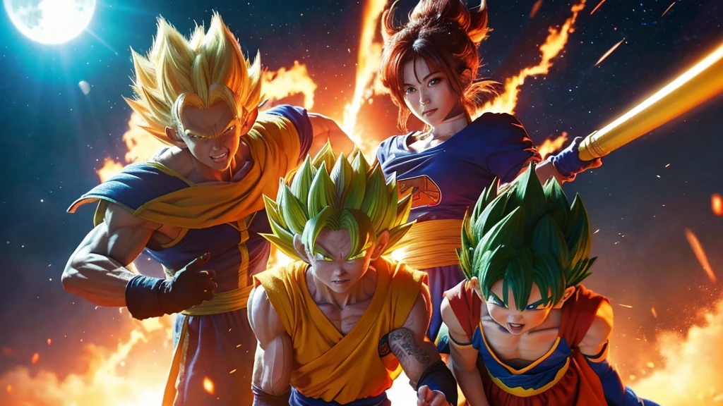 Please make some characters from the manga Dragon Ball into a live-action movie.、high quality、high resolution、4K、Please draw with attention to detail、Sun Wukong、Bloomers、Vegeta、Piccolo