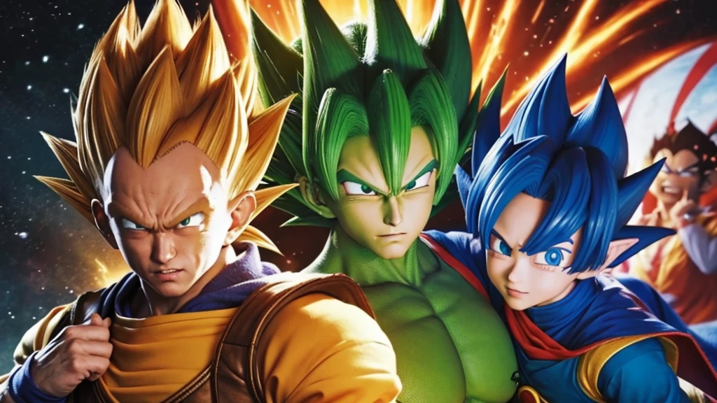 Please make some characters from the manga Dragon Ball into a live-action movie.、high quality、high resolution、4K、Please draw with attention to detail、Sun Wukong、Bloomers、Vegeta、Piccolo