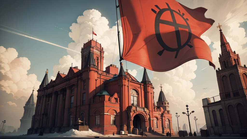 Soviet style scene,Red flag flying,Spectacular,Magnificent,style,