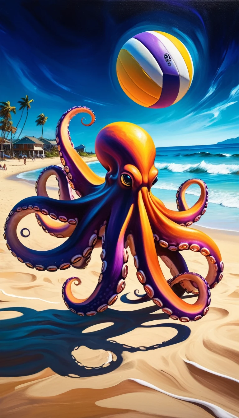 octopus playing beach volleyball, abstract expressionist art, vibrant colors, dynamic movement, surreal landscape, ocean waves, sandy beach, bold brushstrokes, high contrast, chiaroscuro lighting, dreamlike atmosphere, masterpiece, 8k, photorealistic, hyper detailed, professional digital art