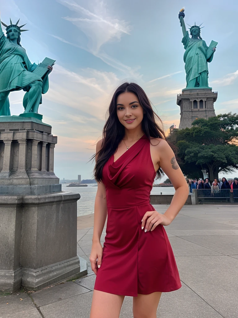 A young dark-haired woman,With piercing blue eyes and a warm smile, Wearing a red dress,Standing in front of the Statue of Liberty