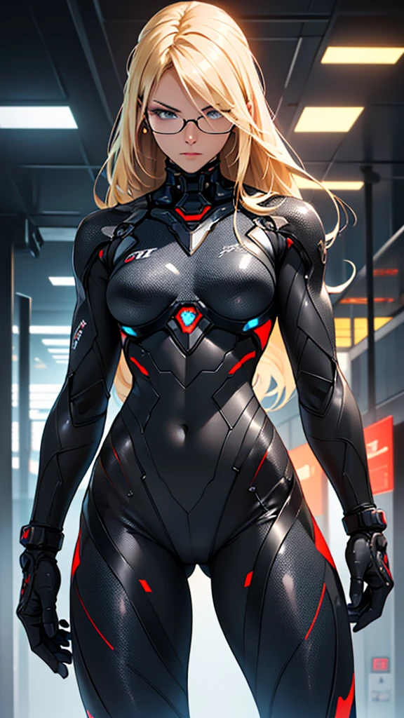 Beautiful cybernetic girl detailed muscles realistic masterpieces full figure pose (best quality,ultra-detailed), straight blonde hair, glasses, fair skin, fit body, slim figure, narrow waist, (cocky expression), black carbon fiber cybernetic mobile combat suit, dynamic pose