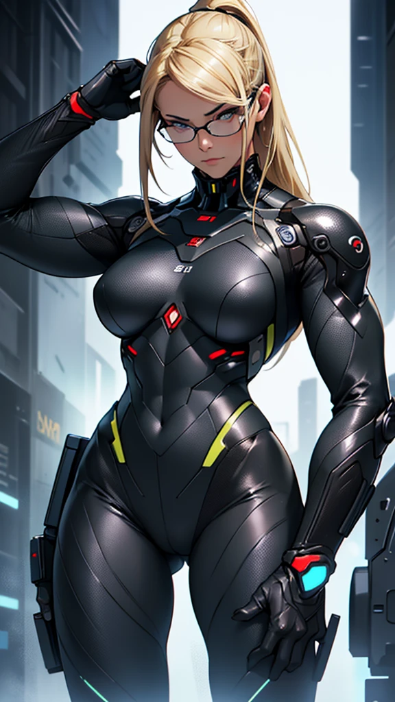 Beautiful cybernetic girl detailed muscles realistic masterpieces full figure pose (best quality,ultra-detailed), straight blonde hair, glasses, fair skin, fit body, slim figure, narrow waist, (cocky expression), black carbon fiber cybernetic mobile combat suit, dynamic pose