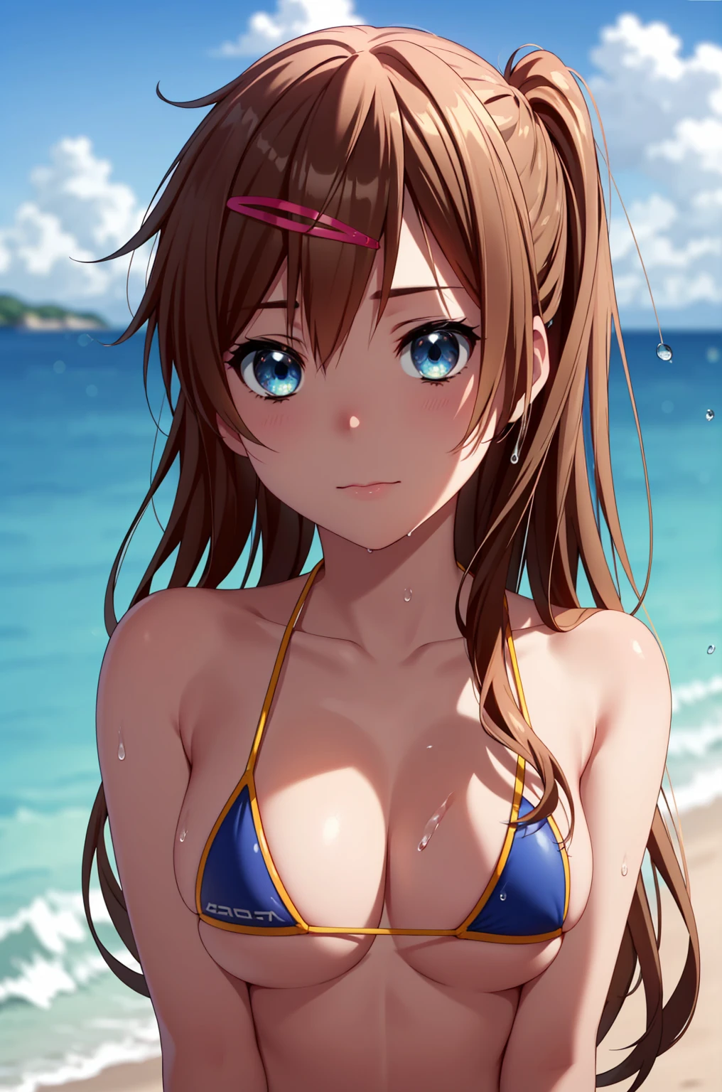 ((masterpiece, Highest quality, High resolution, uhd, Pixel perfect, Depth of written boundary, 4K, RTX, HDR)), 1 Girl, single, alone, 24-years-old, Anime Girls, Beautiful art style, anime character, ((Parted bangs, Brown Hair)), (blue eyes、Round eyes, Delicate eyelashes、Beautiful eyelashes, Perfect Eyes), (Detailed face:1.2), (Smooth texture:0.75, Realistic texture:0.65, Realistic:1.2, Cinematic, Anime CG Style), Perfect body, Ocean:1.3、Moderately good breasts:1.7、Micro Bikini:1.8、Visible from the thighs:1.9、Wet、Water Drop、Splash、nsfw、visible from below、