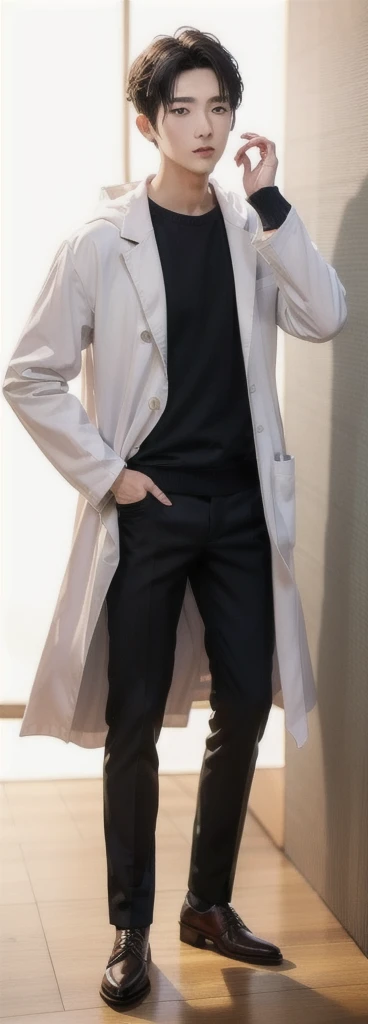 (Fair skin),(know),Iris,(gender: Natural Face),(Japanese),(leather shoes),long body,handsome young asian man, Japanese idol style, short clean-cut hair, ((center part)), white lab coat, black hoodie underneath, calm confident expression, hands in lab coat pockets, plain white background, portrait, high quality, detailed, 8K