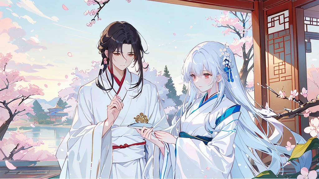 Anime couple in traditional costumes standing in front of cherry blossom trees, flowing white robe, White Hanfu, Long flowing hair and robes, Wearing a white robe!, palace , Girl wearing Hanfu, Wing Wall and Shurak, Gu Weiss, cotton cloud mage robes, Hanfu, Wearing Chinese clothes, Wearing a flowing robe, Dressed in a white robe