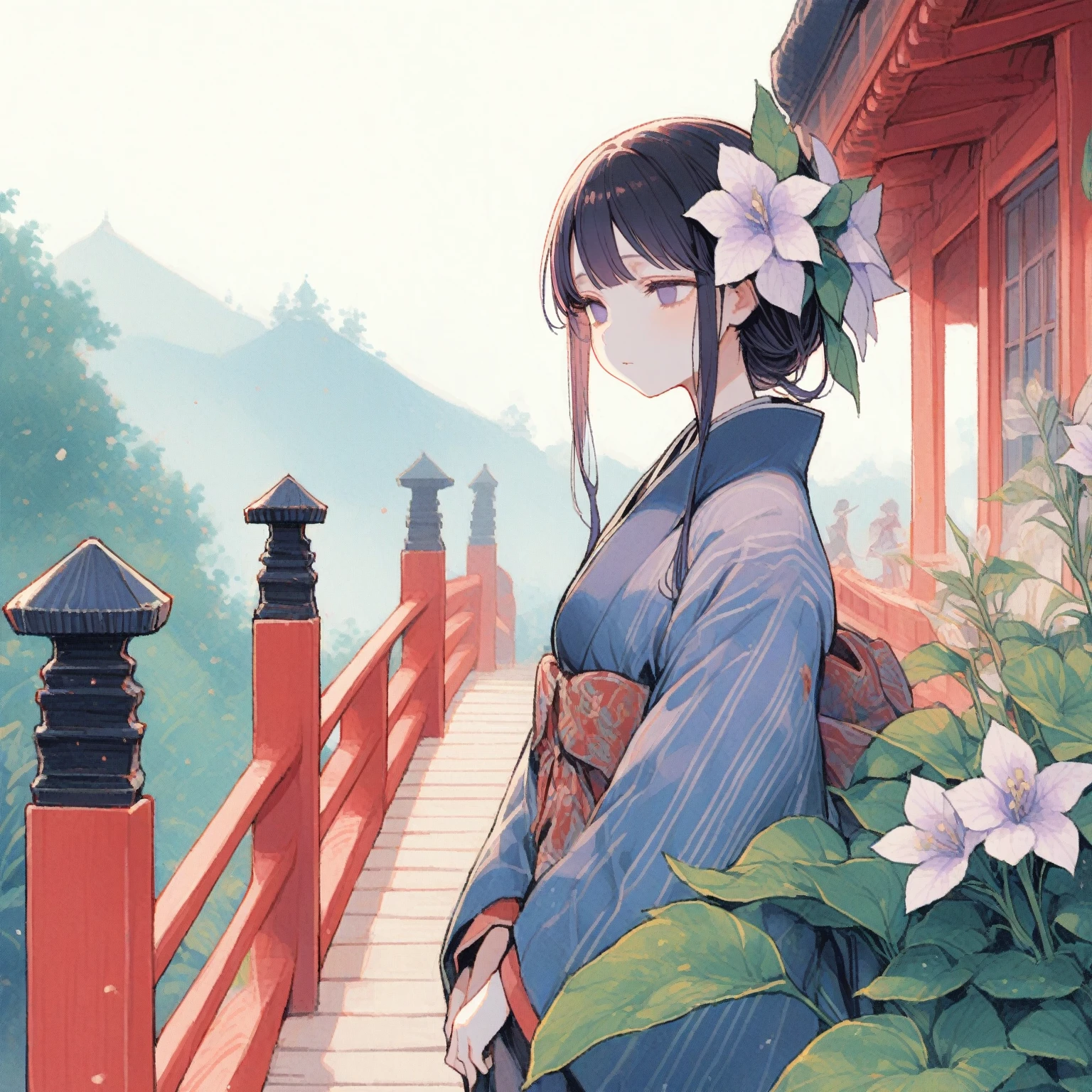 1girl、Pale purple hosta、「Sedation」、Standing quietly on the railing of a vermilion-painted wooden bridge、Heian period、hosta spp.、Cold look、Hollow Eyes、half closed eyes、tegaki