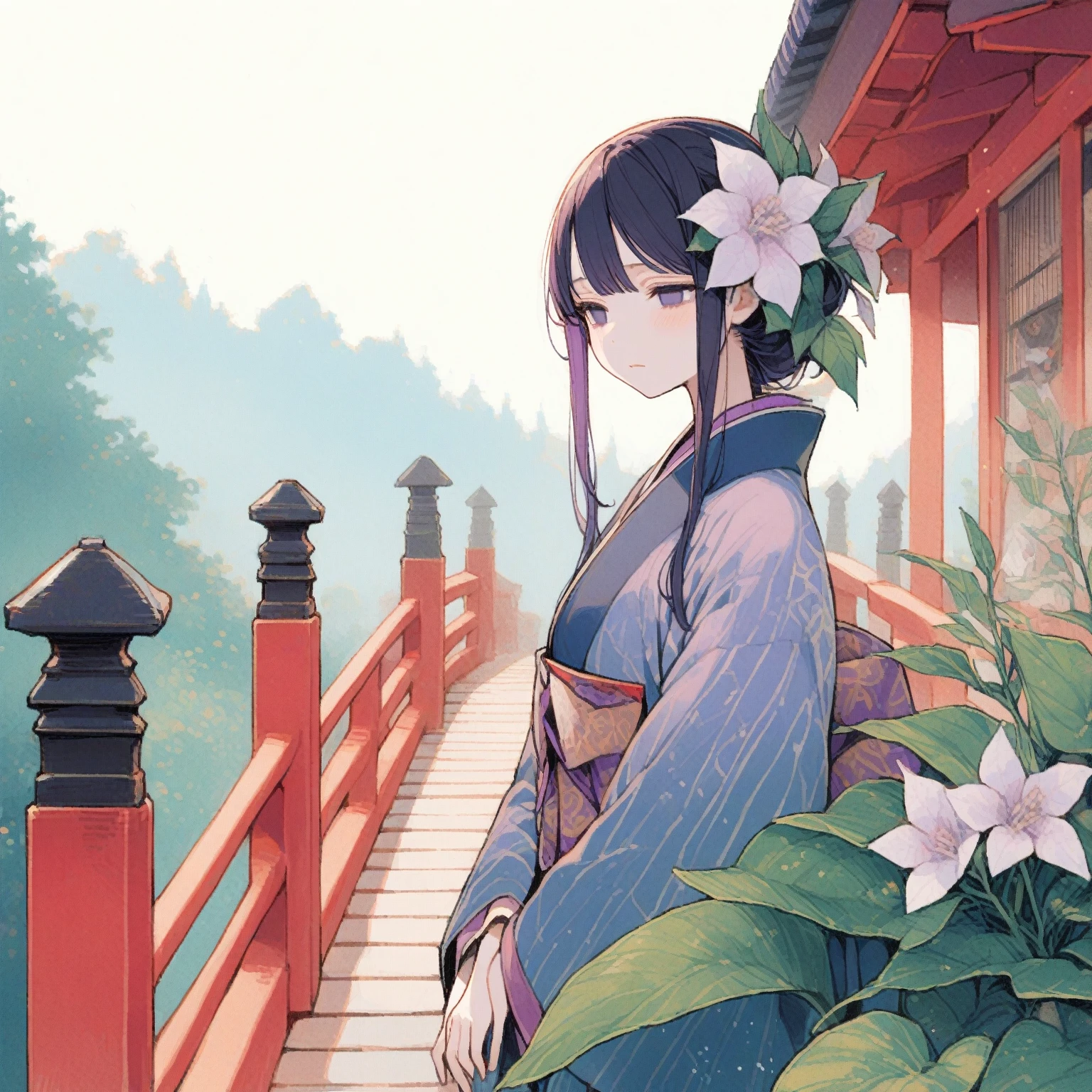 1girl、Pale purple hosta、「Sedation」、Standing quietly on the railing of a vermilion-painted wooden bridge、Heian period、hosta spp.、Cold look、Hollow Eyes、half closed eyes、tegaki