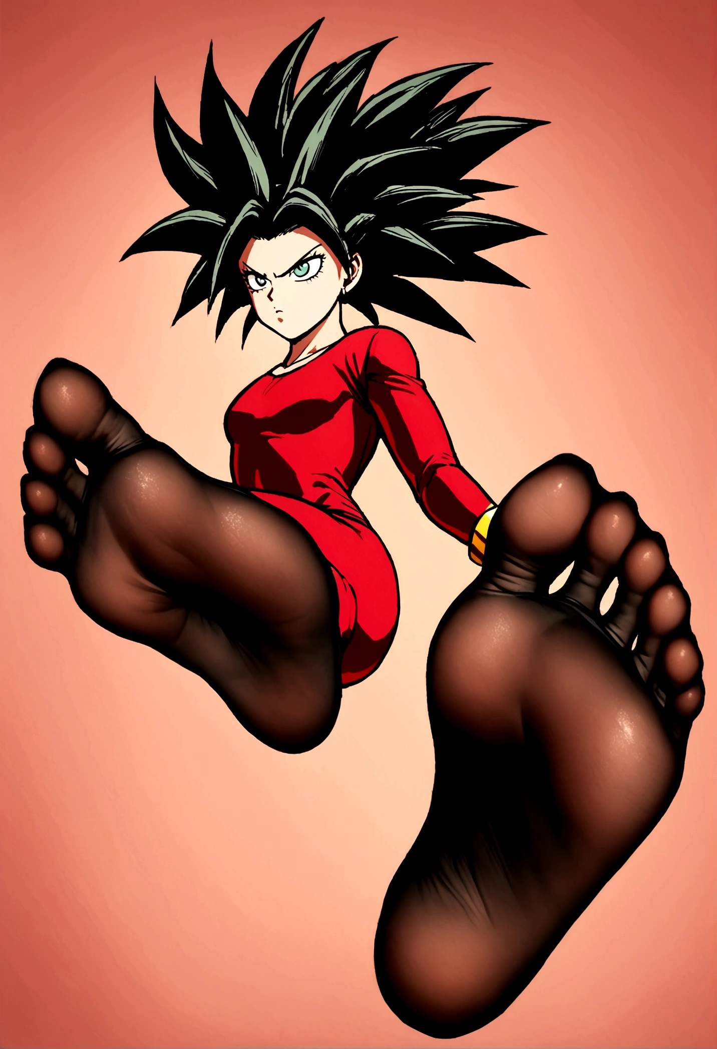 Kefla with black hair up, with red top and black pantyhose, One punch man style, feet focus