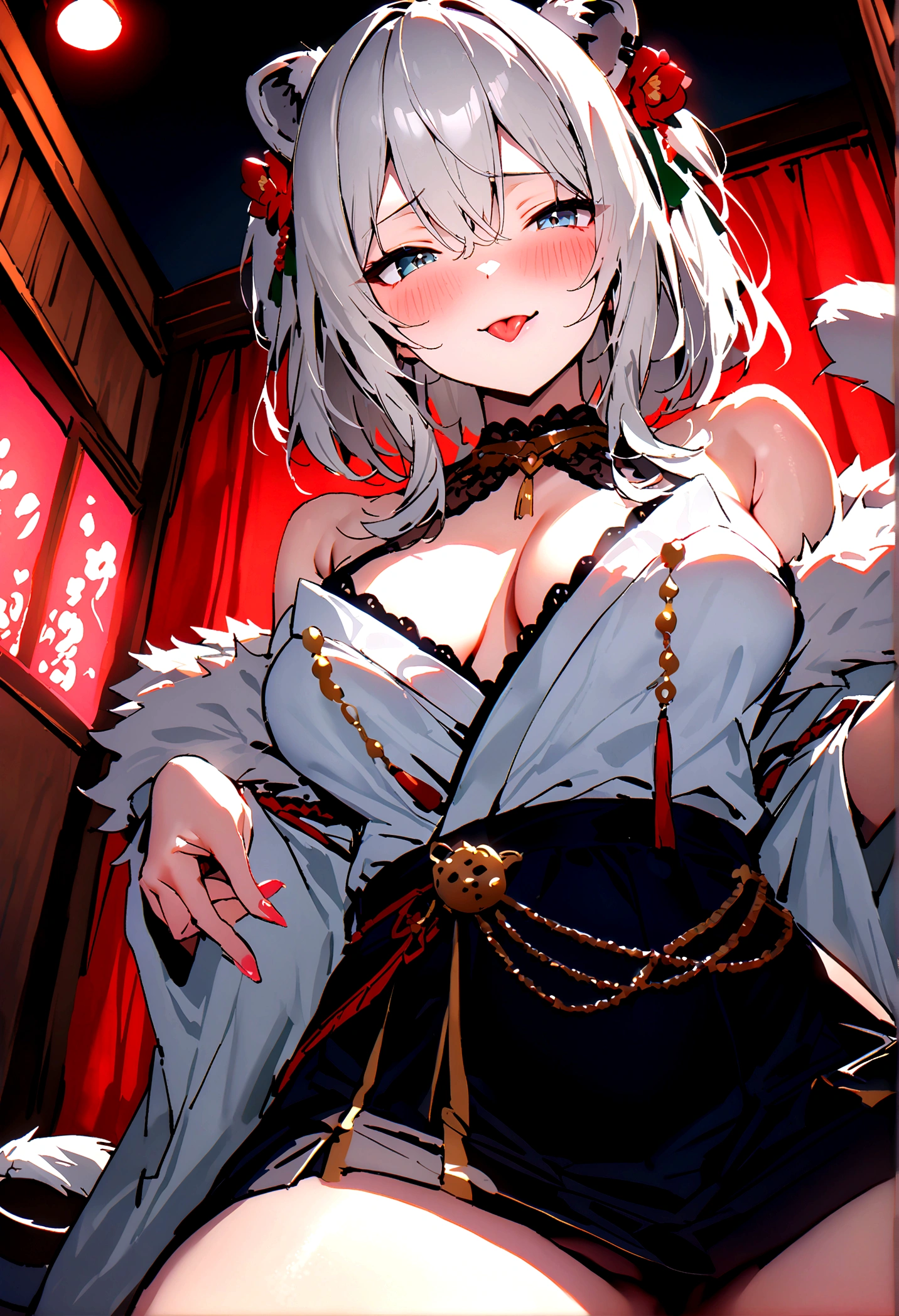 NSFW,masterpiece,Highest quality,High resolution,Super detailed,Shishirabotan\(Hololive\),Double Odango、flower、Side Lock、Lion's tail、White kimono、Off the shoulder、fur ornament、Black Hakama、Short skirt,Bad smile,blush,Prostitute,(Red light district),Japanese-style room,Sexy pose,(Seduce),Sitting,heart,Throw kiss,From below,Sticking out tongue