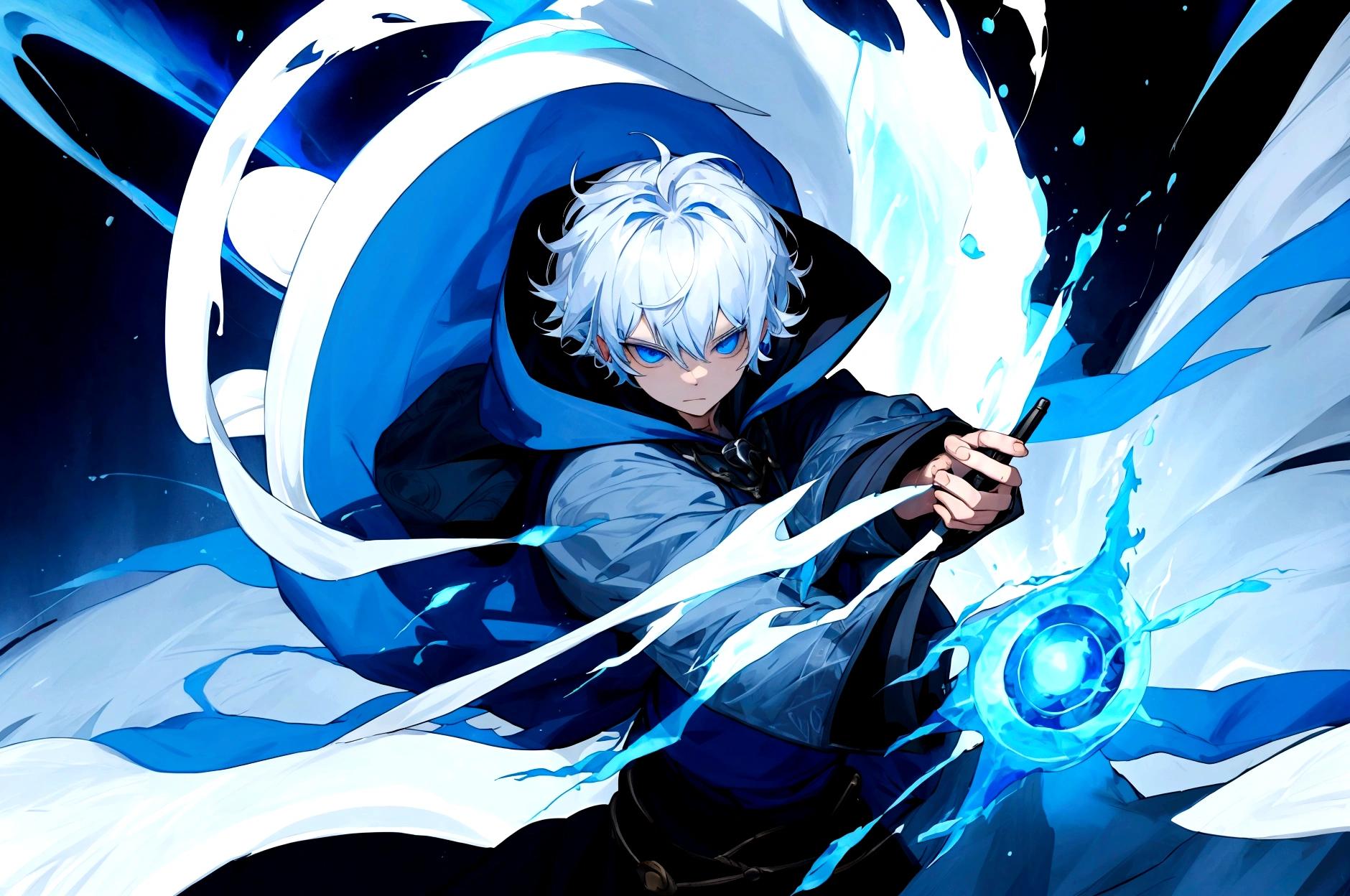 Sorcerer Divine Soul man, he has a silver hair and blue eyes, he wear a hood.