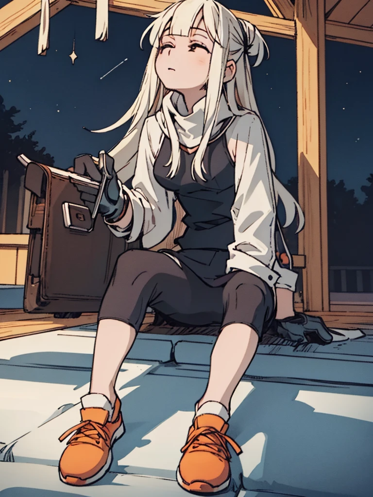 A girl, ((full body,)) sitting on the roof, looking up at the night sky, with a jacket, nostalgic,