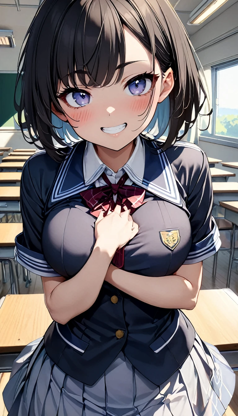 (masterpiece, Official Art), One Girl, Black Hair, blue eyes, hair ornaments, Hair Clip,  (school uniform), (shirt), (tie), (skirt), (濡れたshirtの上から透けて見える下着), (Upper Body), (close), (Huge breasts), Very good、sunlight,classroom、 Show Viewer, Grin, attractive, blush, attractive服, (close), (Arms folded in front of chest), (whole body), Short Bob