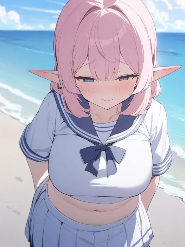 masterpiece, best quality, high quality, beautiful anime character, solo, anime girl with pink hair, soft hair, medium length hair, blue eyes, elf ears, big breasts, mature female, tall female, big girl, thick, (shy face, blush, light smile, loving eyes), outdoors, (sailor uniform, ribbon, pleated skirt), beach background, standing, slim thick, short medium hair, navel, short sleeves, 