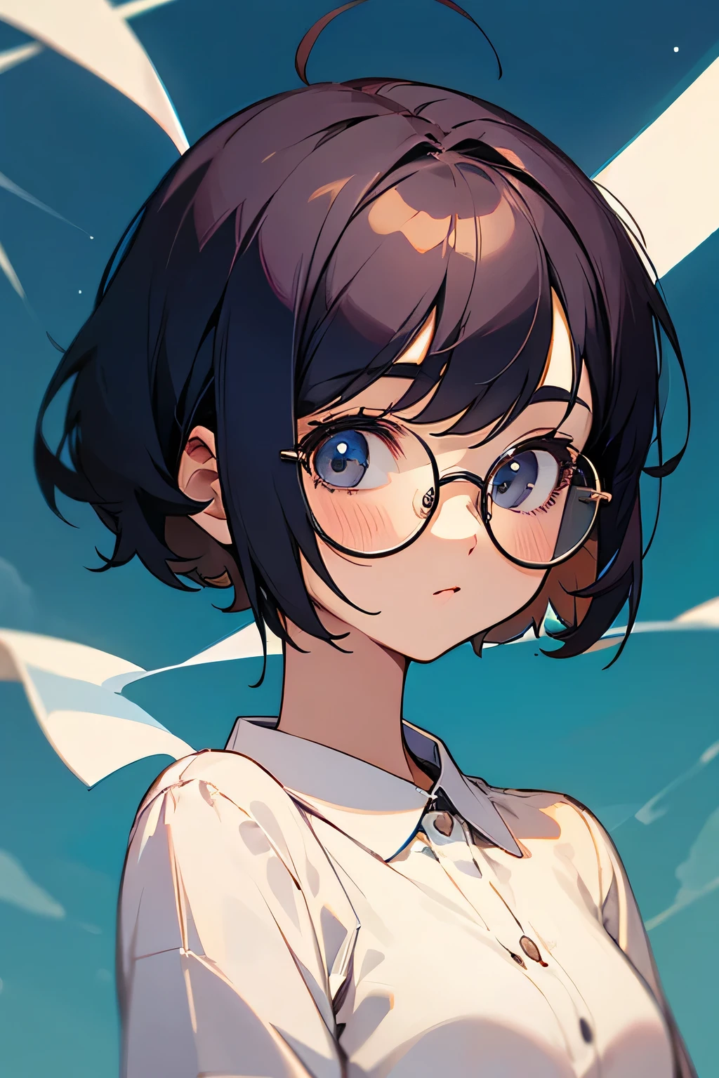 Cute girl, 16 years old, round glasses, short hair