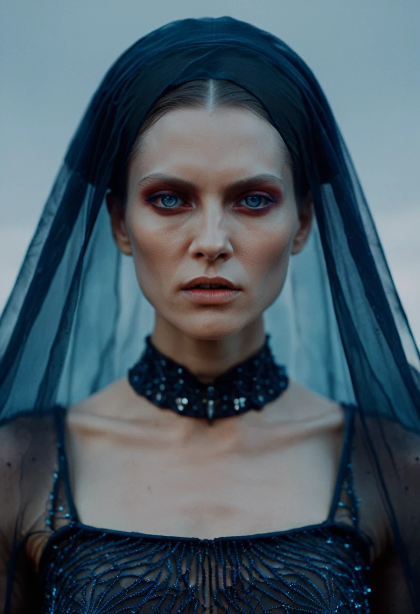 Fashionable of androgynous alien looking witch wearing veil, glowing eyes, beautiful evil slavic muscular woman, pale skin, futuristic design, minimal details, givenchy, photoreal, 200mm, hd, f/ 2.0, highly detailed, surreal , drop dead, in the style of red and blue, (intricate details, hyperdetailed:1.15) (skin texture:1.2), cinematic, professional, 4k, dynamic model pose, sitting, full body