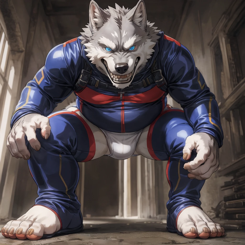 skinsuit standing chubby gray wolf dad ,blue eyes, naked white briefs , detailed smaller white feet five toes with white sock, profile, evil grin, kemono , high quality , by rossciaco , ( below view) spread legs