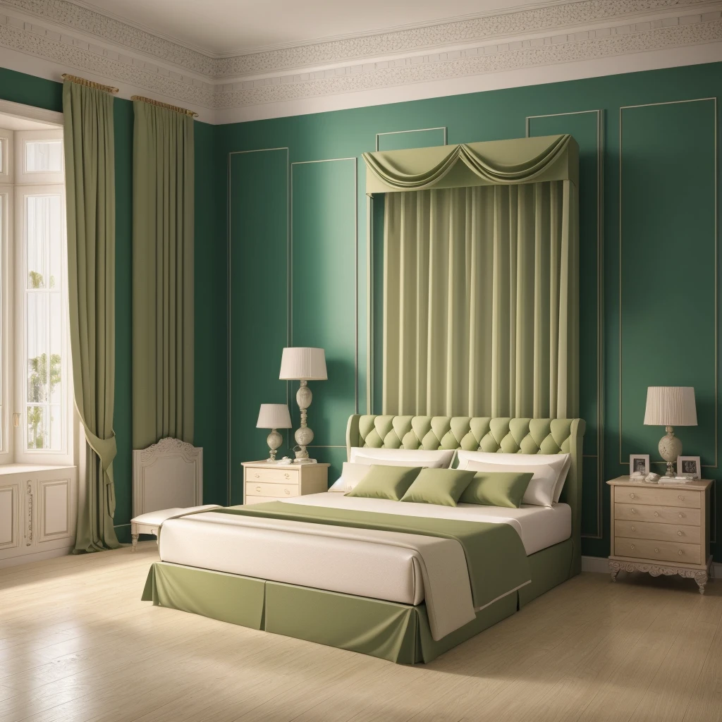 RAW photo, neoclassic bed room, green bed, Masterpiece, high quality, (realistic), (masterpiece,best quality:1.2), quality, authentic, super detail, interior,daylight, vray, luxury, 8k uhd, dslr, soft lighting, high quality, film grain, Fujifilm XT3