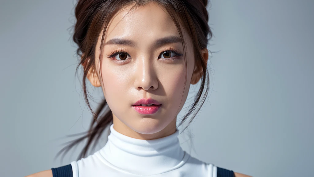 (Detailed face),vivid,A sporty white outfit with sleeveless top and turtleneck,4K,Ultra-high resolution,(Photorealistic:1.7),Black long hair,Gray background,