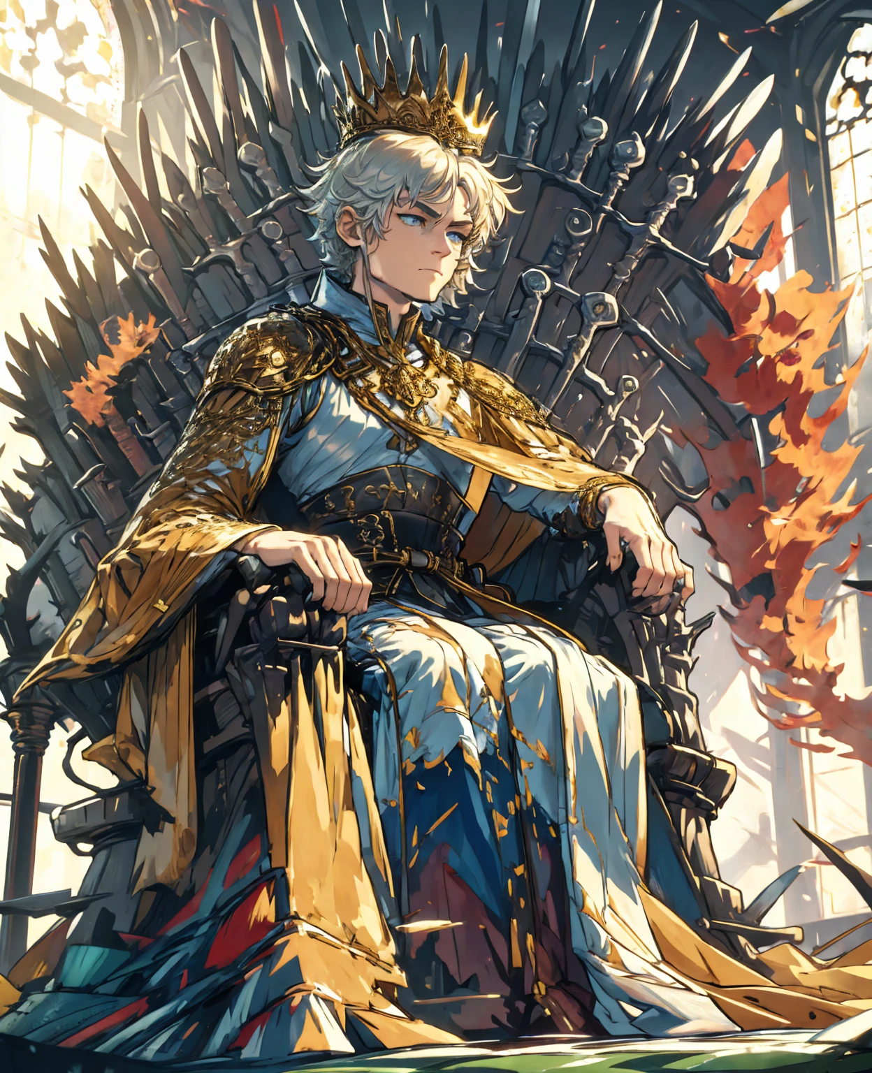 Toddler, 1 boy, white hair, blue eyes, king crown, sitting on throne