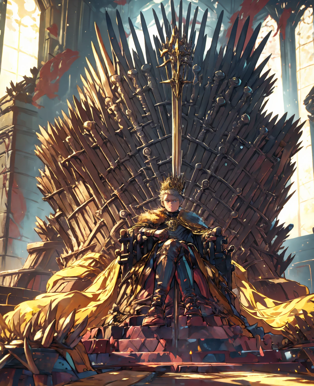 Toddler, 1 boy, white hair, blue eyes, king crown, sitting on throne