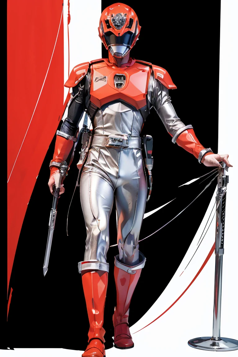 1boy, white, full body, Illustration, cinematic light, high resolution, best quality, ultra detailed, masterpiece, power suit, powerranger, suit, spd, (silver royal guard ranger suit), gold detail