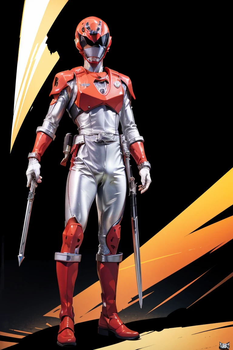 1boy, white, full body, Illustration, cinematic light, high resolution, best quality, ultra detailed, masterpiece, power suit, powerranger, suit, spd, (silver royal guard ranger suit), gold detail