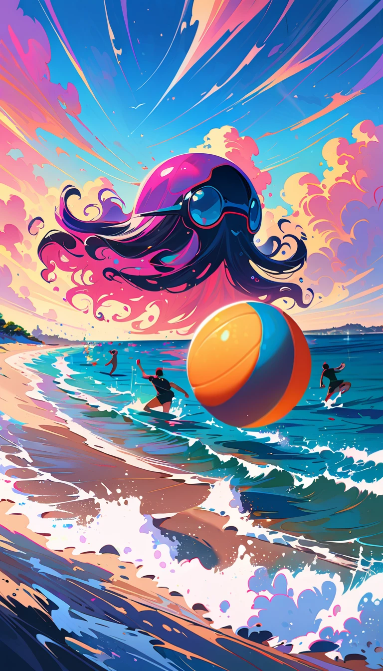 octopus playing beach volleyball, abstract expressionist art, vibrant colors, dynamic movement, surreal landscape, ocean waves, sandy beach, bold brushstrokes, high contrast, chiaroscuro lighting, dreamlike atmosphere, masterpiece, 8k, photorealistic, hyper detailed, professional digital art