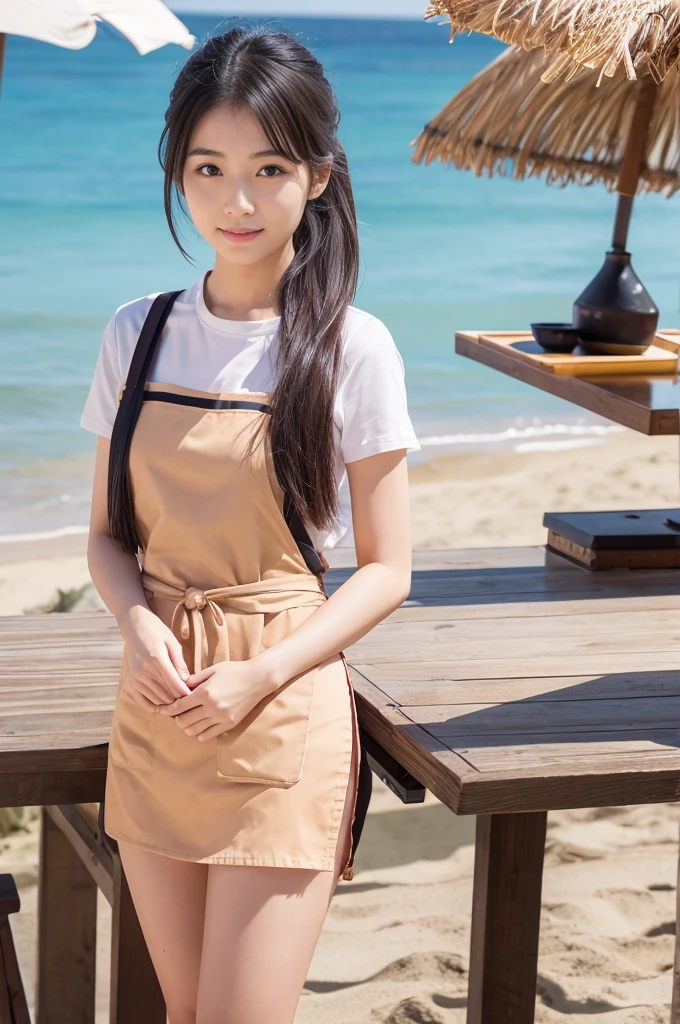 Pretty 22 year old woman(Japanese face)Wearing an apron and a miniskirt、Being at the beach house