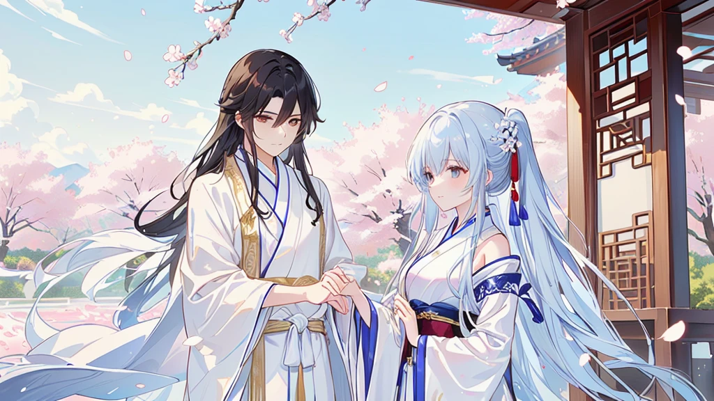 Anime couple in traditional costumes standing in front of cherry blossom trees, flowing white robe, White Hanfu, Long flowing hair and robes, Wearing a white robe!, palace ， Girl wearing Hanfu, Wing Wall and Shurak, Gu Weiss, cotton cloud mage robes, Hanfu, Wearing Chinese clothes, Wearing a flowing robe, Dressed in a white robe