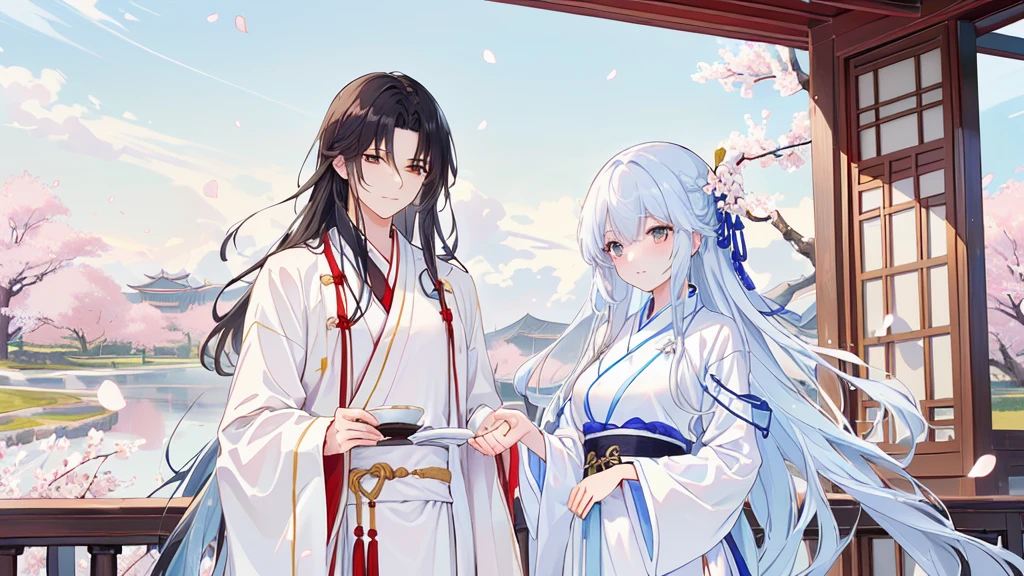 Anime couple in traditional costumes standing in front of cherry blossom trees, flowing white robe, White Hanfu, Long flowing hair and robes, Wearing a white robe!, palace , Girl wearing Hanfu, Wing Wall and Shurak, Gu Weiss, cotton cloud mage robes, Hanfu, Wearing Chinese clothes, Wearing a flowing robe, Dressed in a white robe