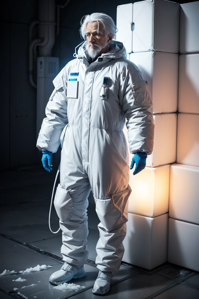 full body shot of old ice technology scientist, chemical protection suit, (calm look), frost, tired, white hair, (fantastic glowing cube) in hand, (relaxed pose),