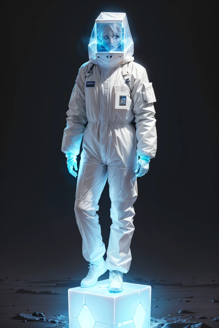 full body shot of old ice technology scientist, chemical protection suit, (calm look), frost, tired, white hair, (fantastic glowing cube) in hand, (relaxed pose),