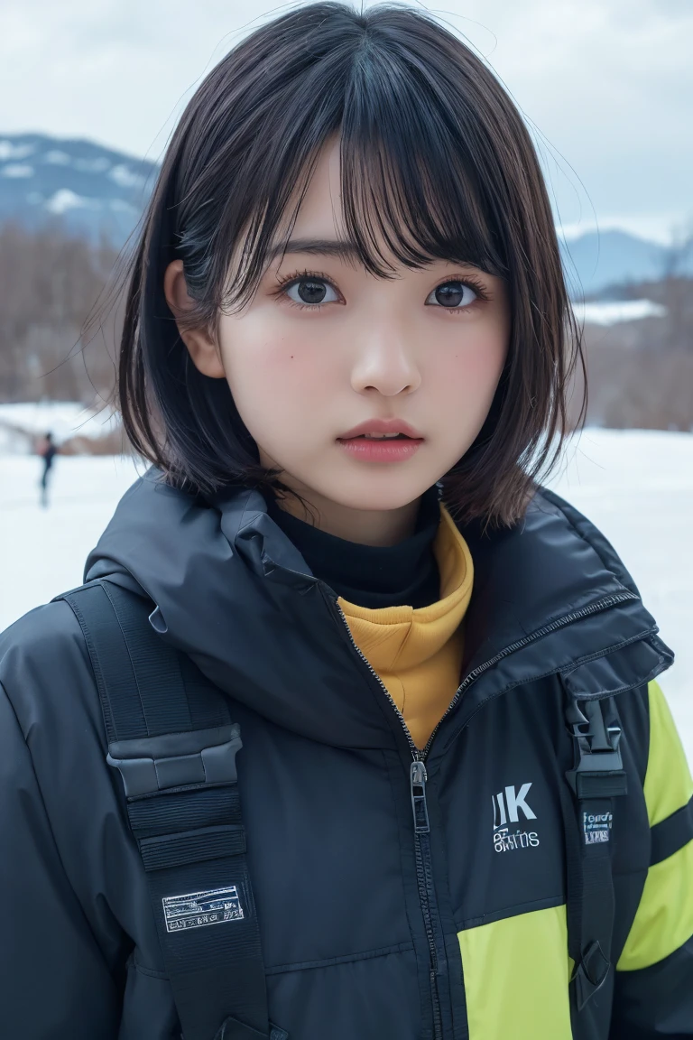 single, Blowing in the wind for a long time [Blue-black:.3] hair,View your viewers, (masterpiece:1.3), (8k, Realistic, RAW Photos, Highest quality: 1.4), Japanese, (One Girl), Beautiful Face, (Realistic Face), (black hair, short hair:1.3), beautiful hairstyle, Realistic eyes, Beautiful attention to detail, (Realistic Skin), Beautiful Skin, charm, Ultra-high resolution, Ultra-realistic, Very detailed, Ski Team - Insulated Ski Suits and Goggles,Baby Face,Small eyes,Baby Face,Thin eyebrows