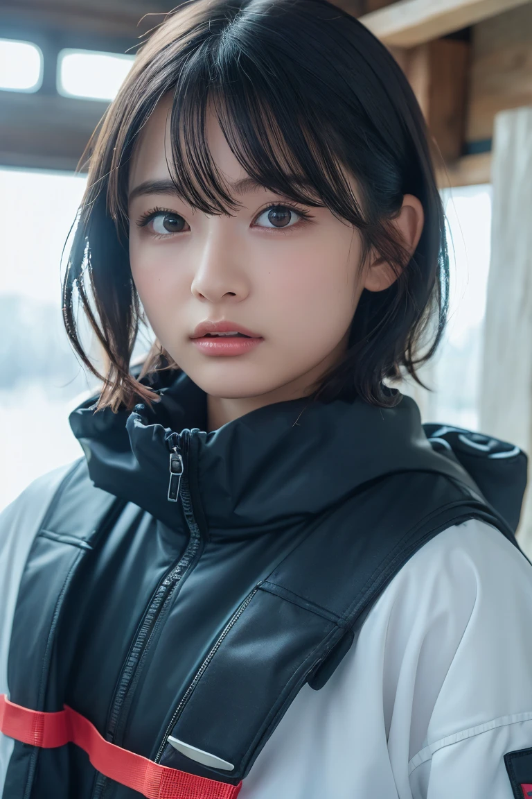single, Blowing in the wind for a long time [Blue-black:.3] hair,View your viewers, (masterpiece:1.3), (8k, Realistic, RAW Photos, Highest quality: 1.4), Japanese, (One Girl), Beautiful Face, (Realistic Face), (black hair, short hair:1.3), beautiful hairstyle, Realistic eyes, Beautiful attention to detail, (Realistic Skin), Beautiful Skin, charm, Ultra-high resolution, Ultra-realistic, Very detailed, Ski Team - Insulated Ski Suits and Goggles,Baby Face,Small eyes,Baby Face,Thin eyebrows