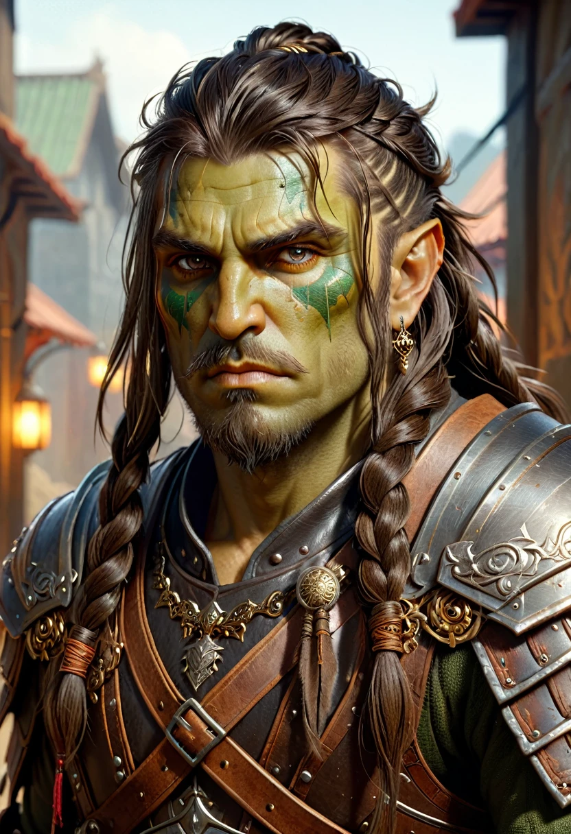 Orc man in leather assassin armor, long single war braid hair with shaved sides, dusty detail ornaments, battle weary, man warrior, armor, epic, face scar, dnd character portrait, intricate, 8k resolution, dynamic lighting, hyperdetailed, unreal 5, volumetric lighting, alphonse mucha, pre-raphaelite, detailed background, detailed face, detailed eyes,