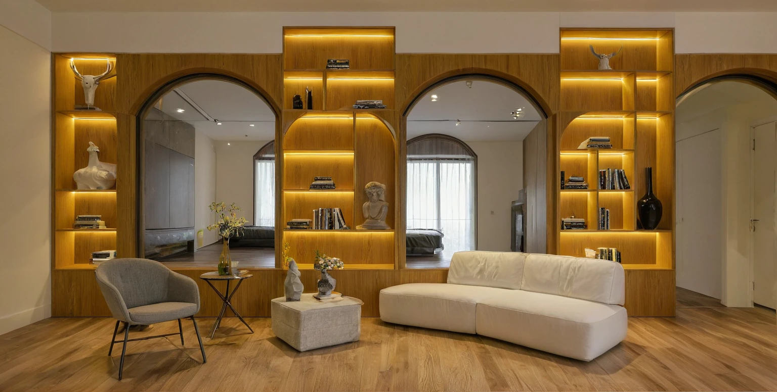 Raw photo, Masterpiece, high quality, best quality, authentic, super detail, interior, indoors,  style modern, minimalist line, wooden, oak wood, LED light, white paint wall, LIVING ROOM, PEN HOUSE, bedroom, wooden window, japan style, wasabi style, Jen style, steel stair, glass railing, paint wall decor, bookshelf, livingroom, 