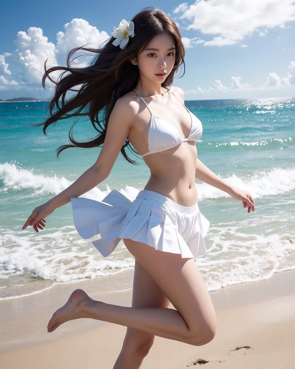 Beautiful Chinese waifu, early 30s, brunette hair, white bikini top, white pleated skirt, running on beach