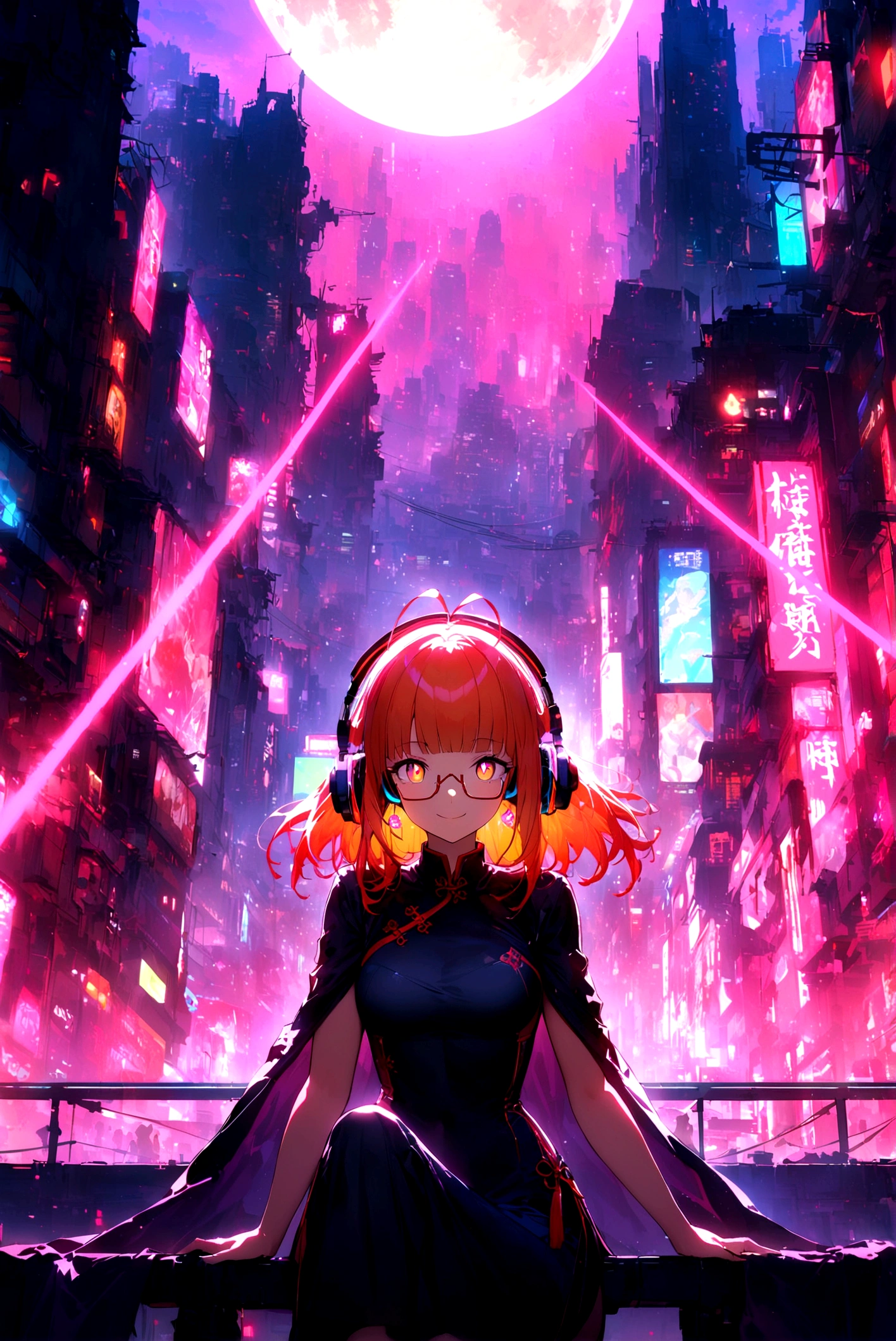(extremely detailed fine touch:1.3), solo, (((semi-rimless eyewear:1.3))), (headphone:1.2), short hair, blunt bangs,bare arms,1 girl, Chinese_clothes, metallic black titanium and pink, cyberhan, cheongsam, cyberpunk city, dynamic pose, detailed luminescent headphones, luminous hair accessories, long hair, luminous earrings, glowing necklace, cyberpunk, high-tech city, full of mechanical and futuristic elements, futuristic, technology, glowing neon, pink, pink light, sexy skirt, translucent black cape, laser light, digital background urban sky, big moon, with vehicle, best quality, masterpiece, 8K, Character edge light, super high detail, high quality, the most beautiful woman in human beings, smile, face facing front and left and right symmetry, ear decoration, long antenna glow, beautiful pupils, light effects, visual data, silver-red-orange hair dyed hair, ultra-detailed face texture, happy, weapon system, crowded street passers-by, mecha style, overhead luminous antenna, back jet, girl sitting