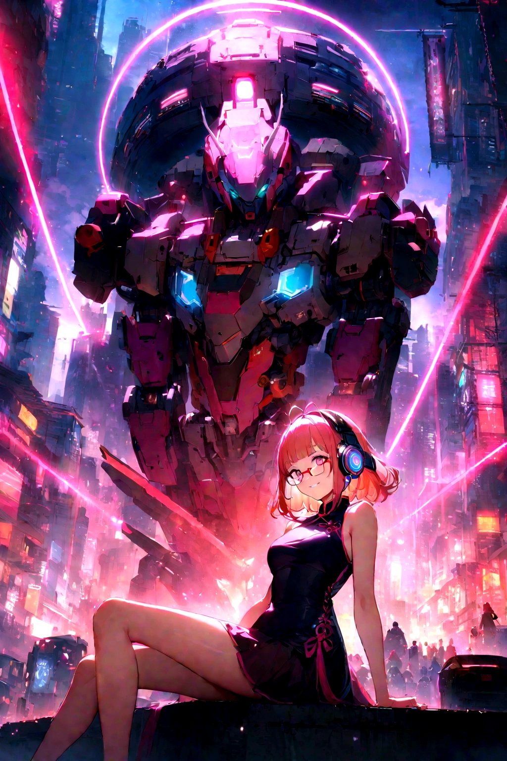 (extremely detailed fine touch:1.3), solo, (((semi-rimless eyewear:1.3))), (headphone:1.2), short hair, blunt bangs,bare arms,1 girl, Chinese_clothes, metallic black titanium and pink, cyberhan, cheongsam, cyberpunk city, dynamic pose, detailed luminescent headphones, luminous hair accessories, long hair, luminous earrings, glowing necklace, cyberpunk, high-tech city, full of mechanical and futuristic elements, futuristic, technology, glowing neon, pink, pink light, sexy skirt, translucent black cape, laser light, digital background urban sky, big moon, with vehicle, best quality, masterpiece, 8K, Character edge light, super high detail, high quality, the most beautiful woman in human beings, smile, face facing front and left and right symmetry, ear decoration, long antenna glow, beautiful pupils, light effects, visual data, silver-red-orange hair dyed hair, ultra-detailed face texture, happy, weapon system, crowded street passers-by, mecha style, overhead luminous antenna, back jet, girl sitting