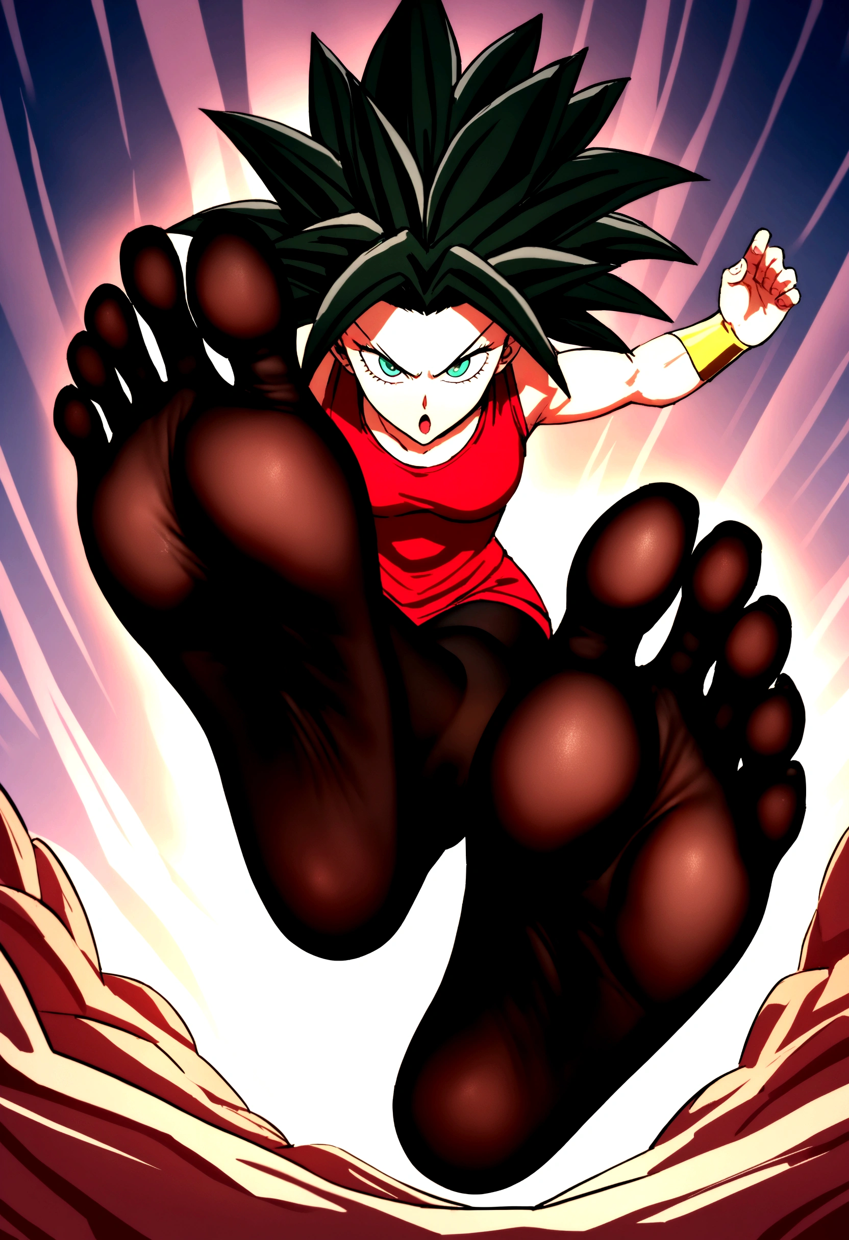 Kefla with black hair up, with red top and black pantyhose, One punch man style, feet focus