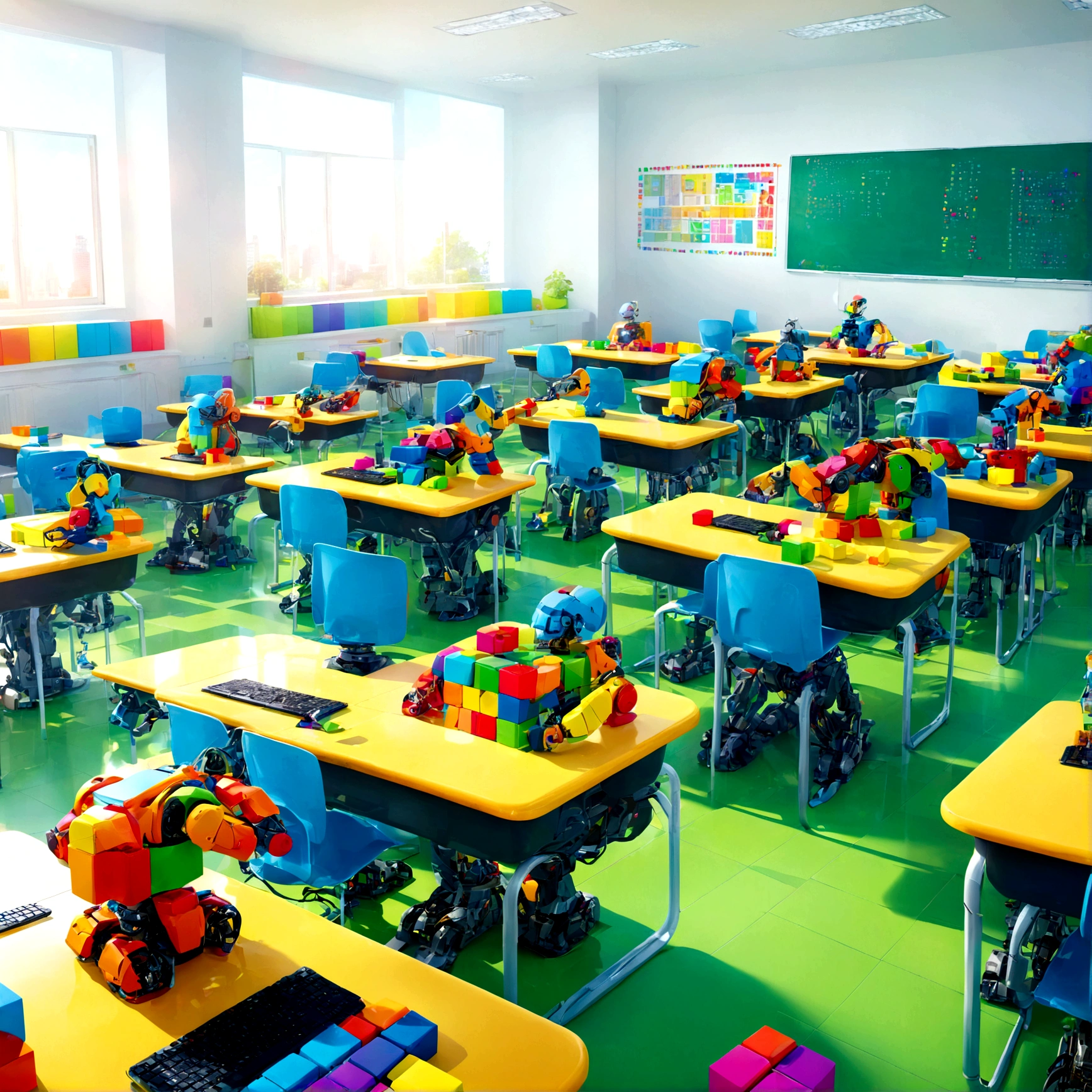Bright classroom, machine, computer, Colorful Blocks, Robot Arm, Programming code, future, technology, creativity, Amusement