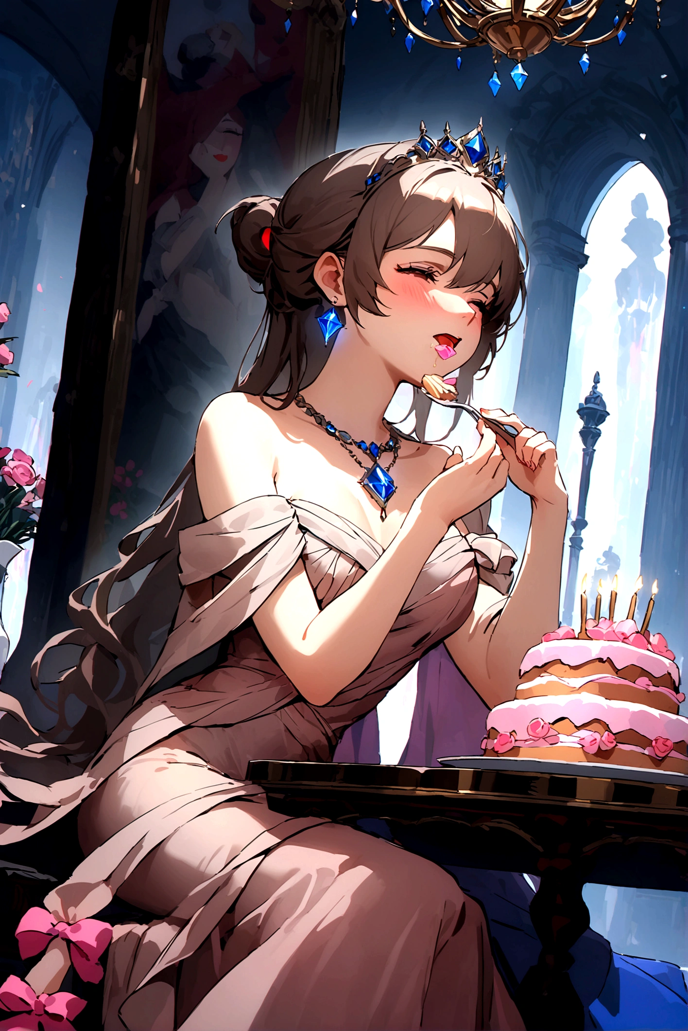 A woman sits at a grand long table with an elegant tablecloth, adorned with porcelain plates and silver cutlery. On the table are various types of beautifully decorated cakes, as well as crystal glasses filled with wine or champagne.The woman is wearing a sparkling evening gown, adorned with diamonds, gold, and gems. Her dress has a long train flowing on the floor. She is wearing a large diamond necklace, gold bracelets, and striking earrings. Her hair is neatly styled in an updo, adorned with a small tiara.With an expression of pure enjoyment, the woman is eating the cake with gusto, holding a large piece of cake in one hand and a spoon or fork in the other. A few cake crumbs are visible around her mouth, emphasizing how much she is enjoying her food.The background is a luxurious room with wood-paneled walls, classic paintings, and a crystal chandelier, adding to the sense of opulence. Additional details such as a stack of gift boxes wrapped with golden ribbons, a vase of fresh flowers, and an Angora cat sitting near her feet complete the picture.