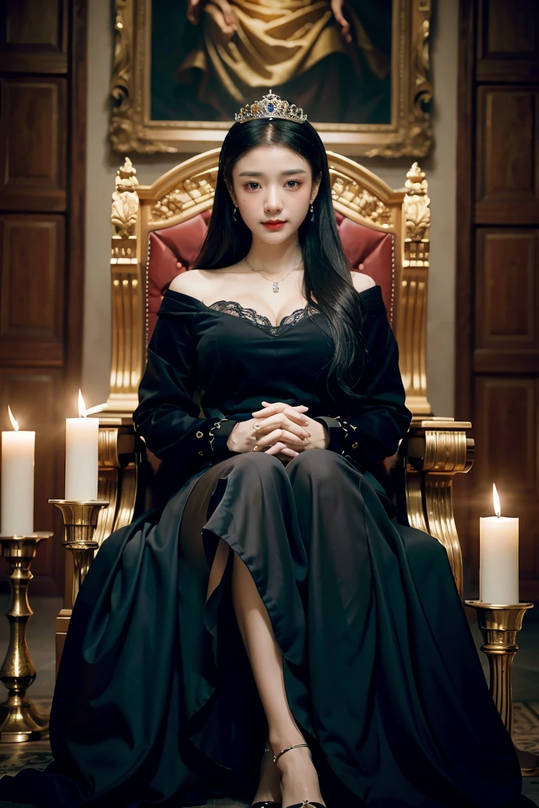 (best quality,4k,8k,highres,masterpiece:1.2),ultra-detailed,(realistic,photorealistic,photo-realistic:1.37),oil painting,princess,medieval,fantasy,royalty,arrogant,tyrannical ruler,confident,regal,dark atmosphere,castle,throne room,ornate decorations,dramatic lighting,rich color palette,lush garden,mysterious aura,haughty expression,flowing gown,luxurious jewelry,meticulously crafted crown,sharp features,evil smirk,intense gaze,elaborate hairstyles, princess in a majestic palace,ominous clouds,hidden secrets,secretive smile,domineering presence,fascinating shadows,commanding presence,adorned with power,ageless beauty,floating ethereal presence,grandiose architecture,menacing presence of the princess