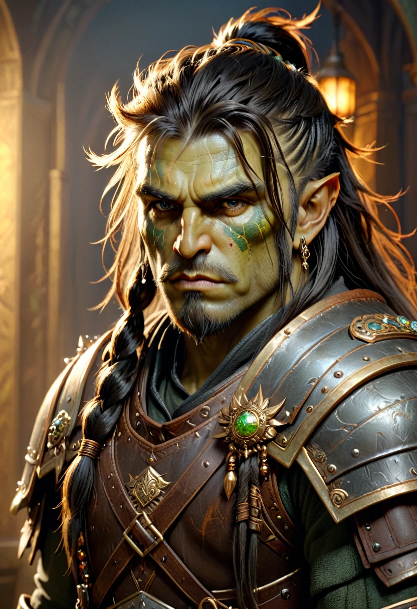 Orc man in leather assassin armor, long single war braid hair with shaved sides, dusty detail ornaments, battle weary, man warrior, armor, epic, face scar, dnd character portrait, intricate, 8k resolution, dynamic lighting, hyperdetailed, unreal 5, volumetric lighting, alphonse mucha, pre-raphaelite, detailed background, detailed face, detailed eyes, tusks