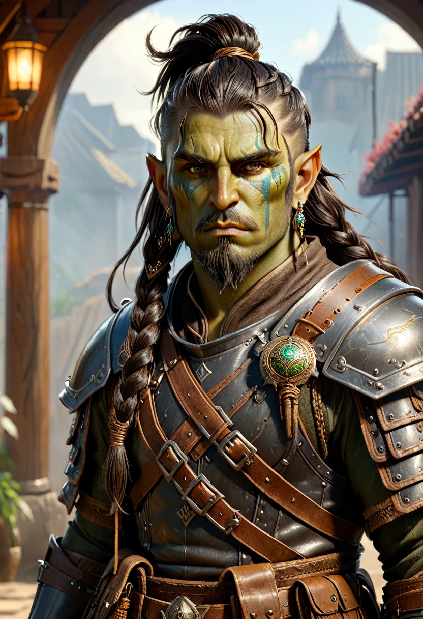 Orc man in leather assassin armor, long single war braid hair with shaved sides, dusty detail ornaments, battle weary, man warrior, armor, epic, face scar, dnd character portrait, intricate, 8k resolution, dynamic lighting, hyperdetailed, unreal 5, volumetric lighting, alphonse mucha, pre-raphaelite, detailed background, detailed face, detailed eyes, tusks