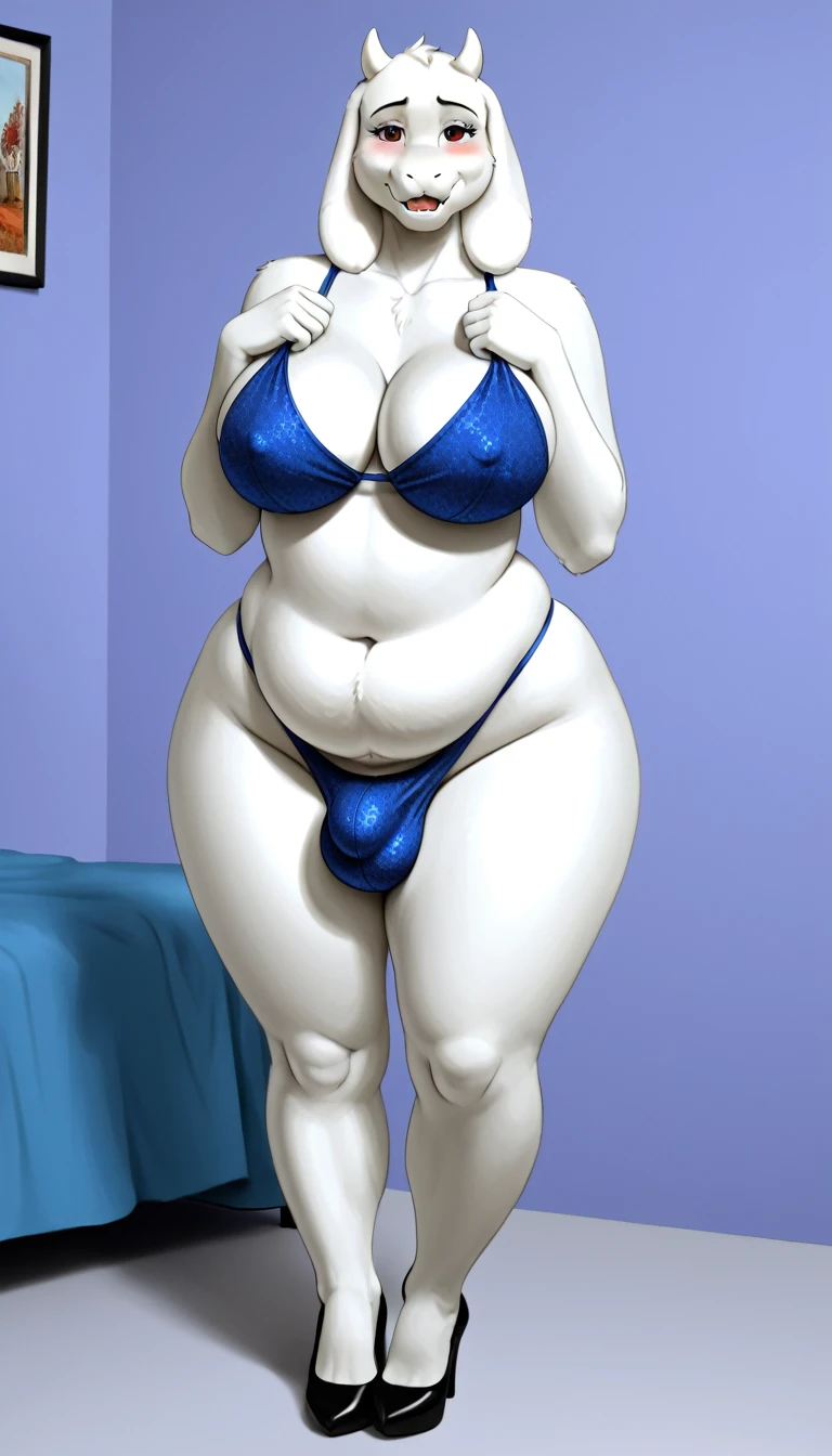 Furry, Toriel Dremurr, milf, slightly chubby, bedroom, fat ass, wide hips, curvy, voluptuos, stand, full body, masterpiece, ultra high quality, detailed face, detailed hands, detailed body, heels, thong, by fluffedwings, by blackwhiplash, sugestive, sexy, beatiful, shy smile, blushed, fat ass, fat breasts, futanari, bulge